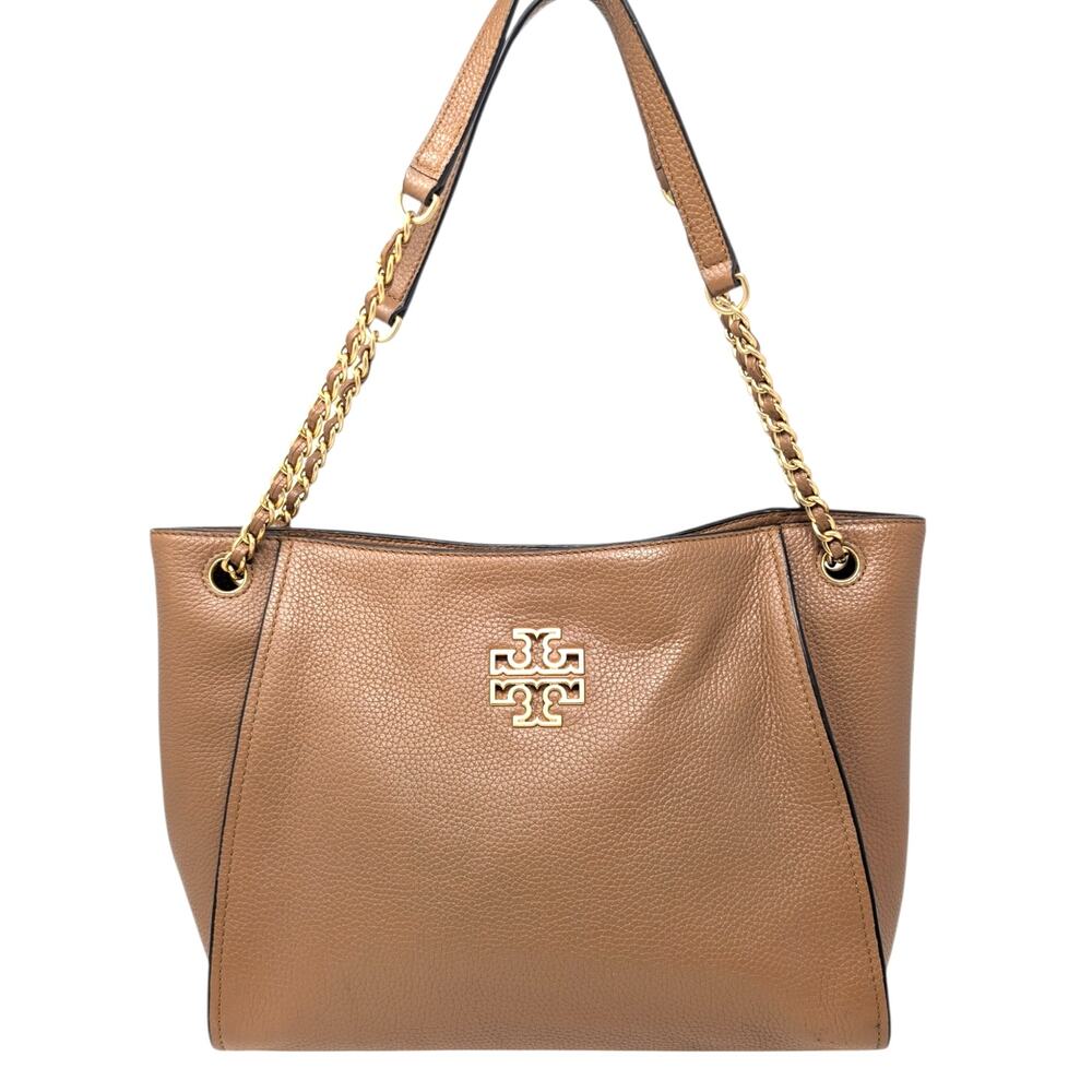 Tory Burch Britten‎ Tan Brown Pebbled Leather Chain Tote Shoulder Bag